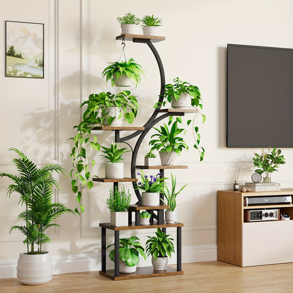 Plant Stand Indoor with Grow Lights, Multi-functional Metal Display Stand, 157cm High & 8 Storey Indoor Shelf for Multiple Plants, Curved Shape Plant Stand, Suitable for Living Room, Courtyard, Balcony, Corner (Without Adapte