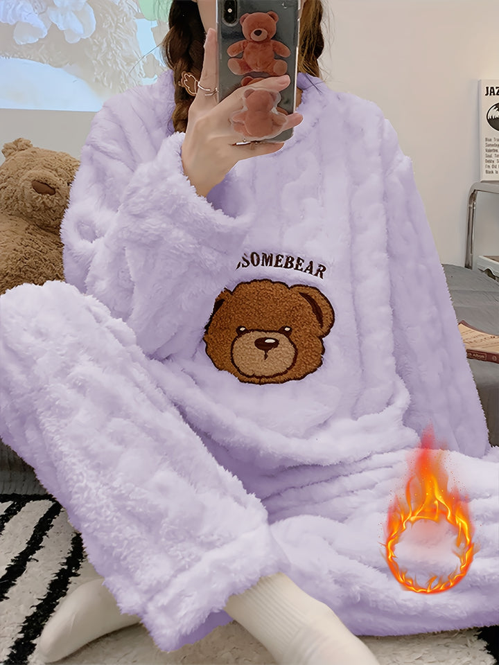 Nuovo pigiama caldo e spesso autunno/inverno, top a maniche lunghe in jacquard con motivo a orso e pantaloni in flanella