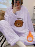 Nuovo pigiama caldo e spesso autunno/inverno, top a maniche lunghe in jacquard con motivo a orso e pantaloni in flanella