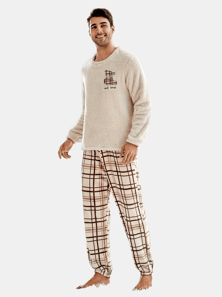 [UOMO/DONNA] Completo da notte in peluche autunno-inverno per coppie, con motivo a quadri, manica lunga e pantaloni, per uomo o donna, con ricamo casuale di un orso sulla parte superiore