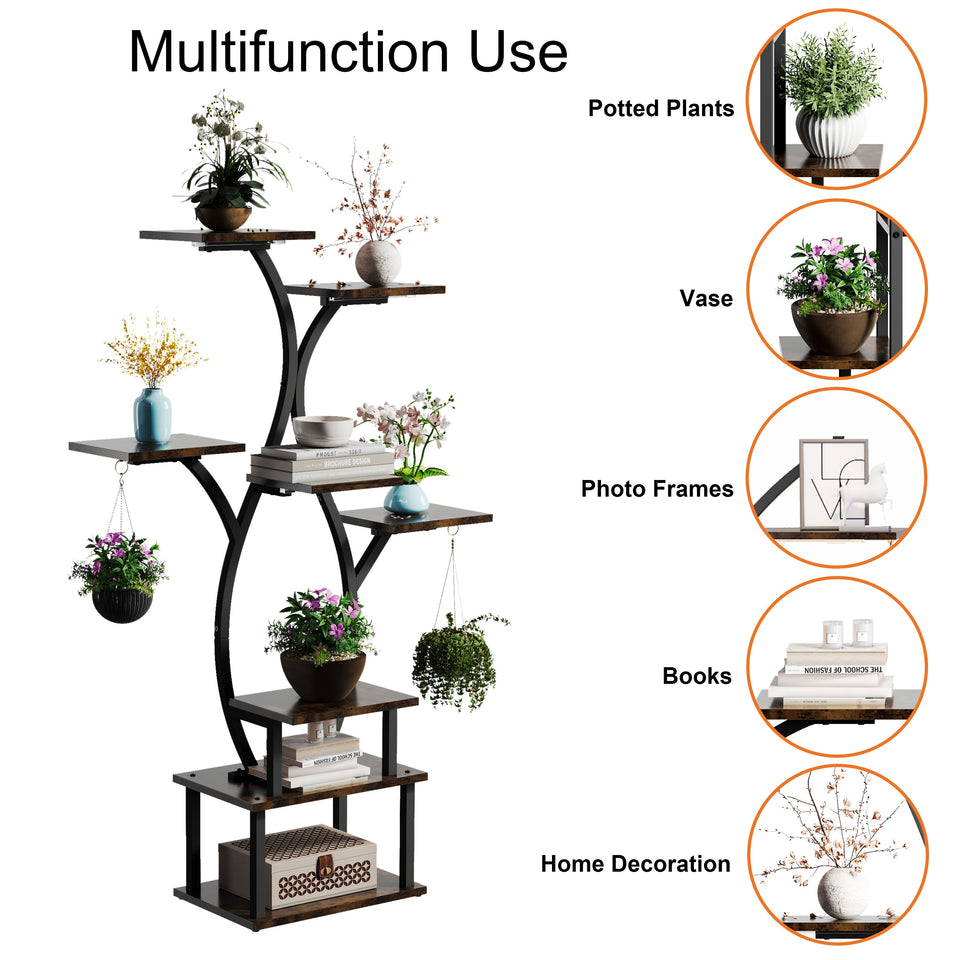 8-Tier Indoor Plant Stand with Sturdy Wood Top & Sturdy Metal Frame - 8-Tier Vertical Space-Saving Flower Shelf, Irregular Shape Design for Potted Plants, Houseplants, Balcony, Living Room, Office - Modern Farmhouse Style Dis
