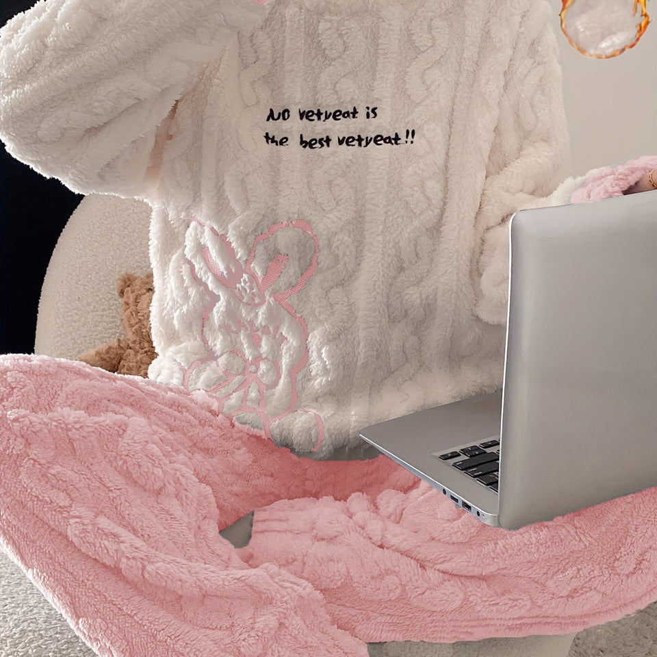 Pigiama invernale in caldo pile da donna, completo casual da casa con grazioso motivo a coniglio