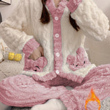 Women'S Cozy Fleece Pajama Set with Bear Embroidery - Long Sleeve, Loose Fit, V-Neck, Button-Up Front, Pockets, Soft & Warm for Fall/Winter, Casual Home Wear, Winter Pajamas | Relaxed Fit Pajamas | Construction, Pajamas for W