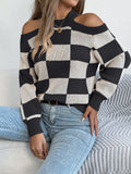 Women's Off-Shoulder Color-Blocked Plaid Lantern Sleeve Sweater