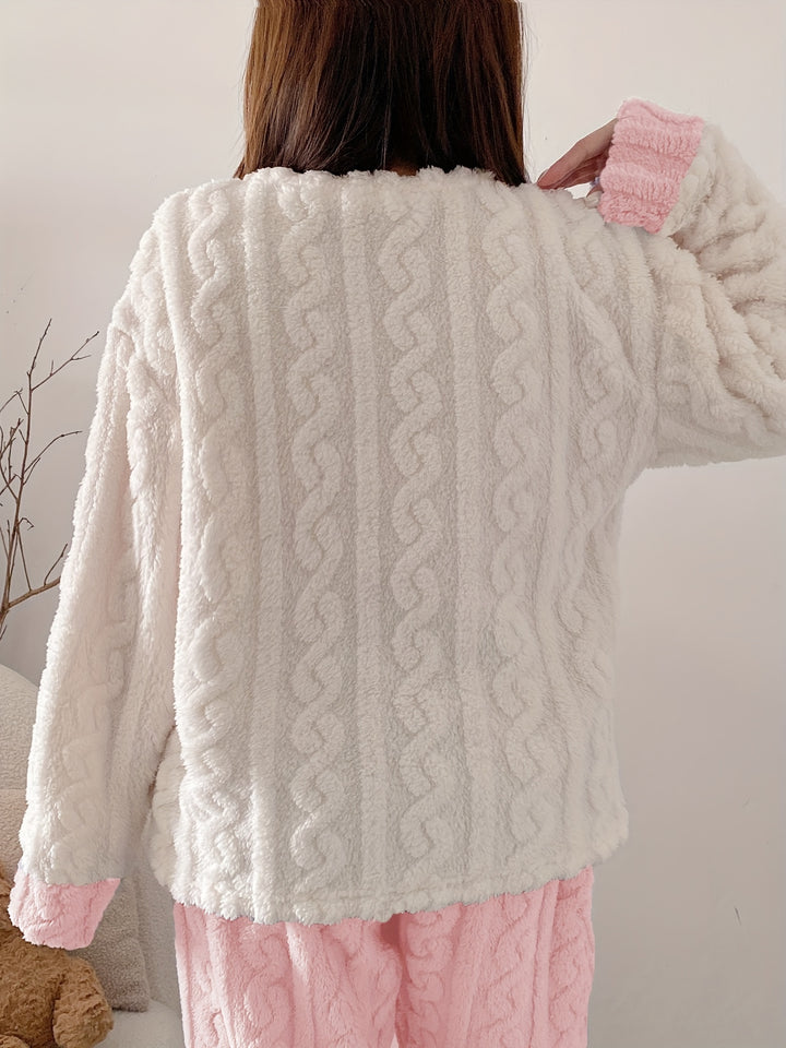 Pigiama invernale in caldo pile da donna, completo casual da casa con grazioso motivo a coniglio