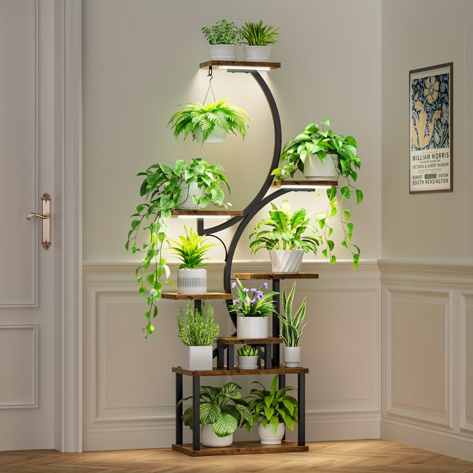 Plant Stand Indoor with Grow Lights, Multi-functional Metal Display Stand, 157cm High & 8 Storey Indoor Shelf for Multiple Plants, Curved Shape Plant Stand, Suitable for Living Room, Courtyard, Balcony, Corner (Without Adapte