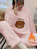 Nuovo pigiama caldo e spesso autunno/inverno, top a maniche lunghe in jacquard con motivo a orso e pantaloni in flanella