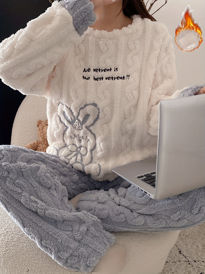 Pigiama invernale in caldo pile da donna, completo casual da casa con grazioso motivo a coniglio