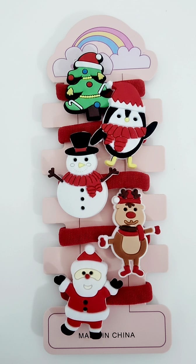 Set di 5 elastici per capelli natalizi | Fasce per capelli con ciondoli in silicone per le feste per bambine e bambini | Babbo Natale, pinguino, pupazzo di neve