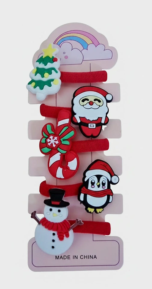 Set di 5 elastici per capelli natalizi | Fasce per capelli con ciondoli in silicone per le feste per bambine e bambini | Babbo Natale, pinguino, pupazzo di neve