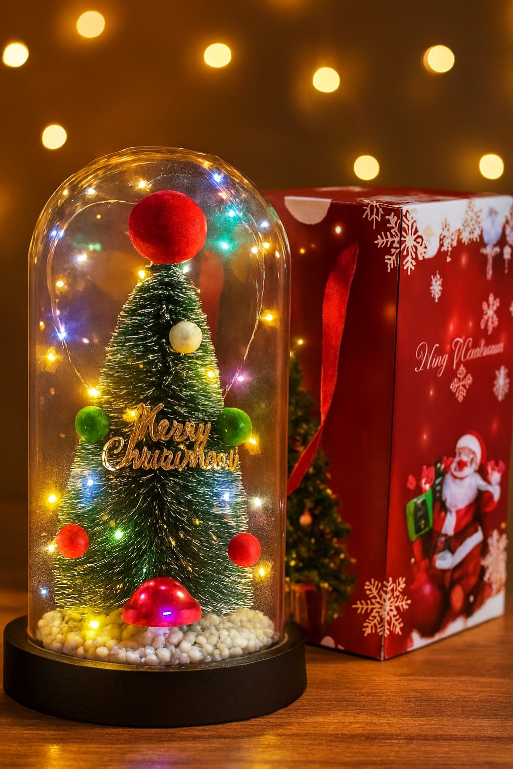 Decorazione Natalizia con Luci LED a Batteria – Albero di Natale in Cupola Vetro – Regalo Festivo con Sacchetto – 22x12cm