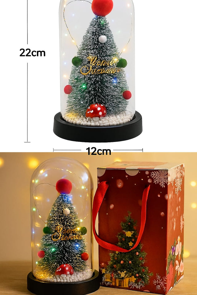 Decorazione Natalizia con Luci LED a Batteria – Albero di Natale in Cupola Vetro – Regalo Festivo con Sacchetto – 22x12cm