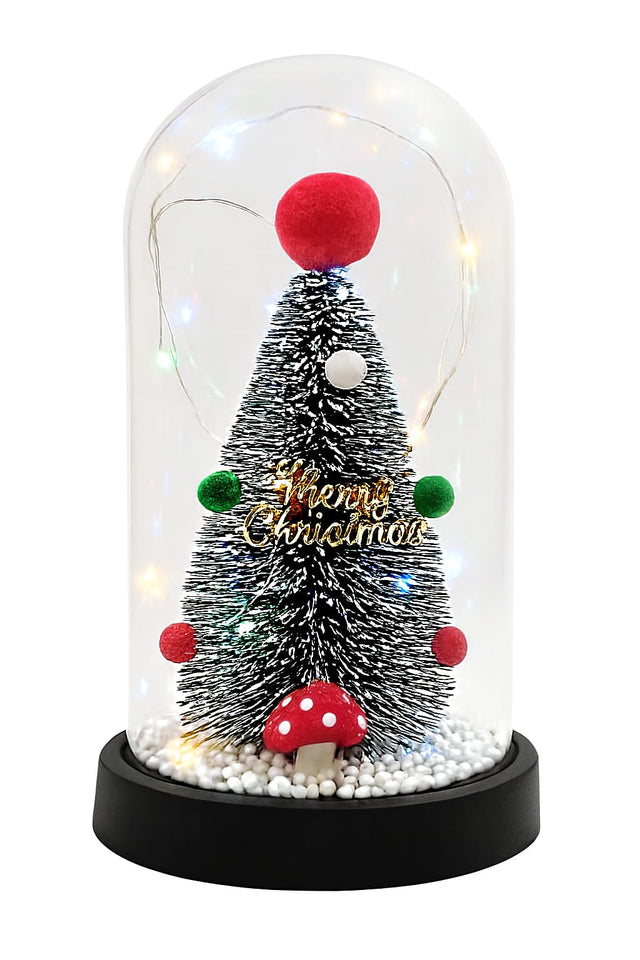 Decorazione Natalizia con Luci LED a Batteria – Albero di Natale in Cupola Vetro – Regalo Festivo con Sacchetto – 22x12cm