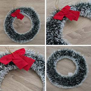 Ghirlanda Natalizia Decorativa 32×32 cm con Fiocco Rosso – Tinsel Bianco e Verde 