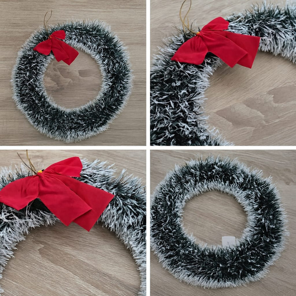 Ghirlanda Natalizia Decorativa 32×32 cm con Fiocco Rosso – Tinsel Bianco e Verde 