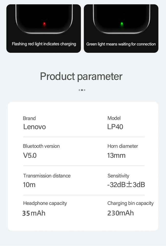 Cuffie wireless originali Lenovo LP40 TWS Bluetooth Auricolari Touch Control Cuffie sportive Auricolari stereo per telefono Android