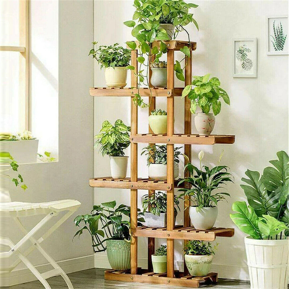 Supporto per piante in legno a 6 livelli, supporto per piante in legno carbonizzato, supporto per fiori, supporto per vasi da fiori, panca per esposizione di bonsai, patio.