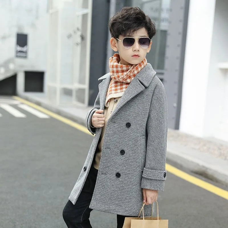 Kids Boy's Autumn Winter Quilted Wool Coat Mid Weight Trench Coat British Style Warmth Cold Resistance