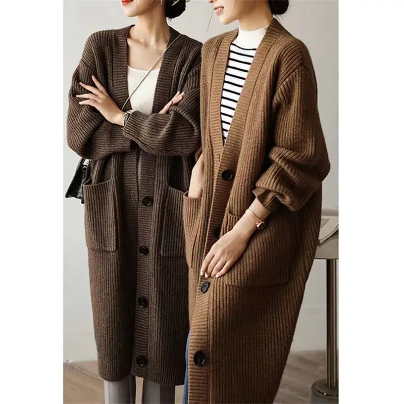 Cardigan giapponese da donna in maglia, di media e lunga lunghezza, in autunno e inverno, retrò, ampio e spesso, per capispalla