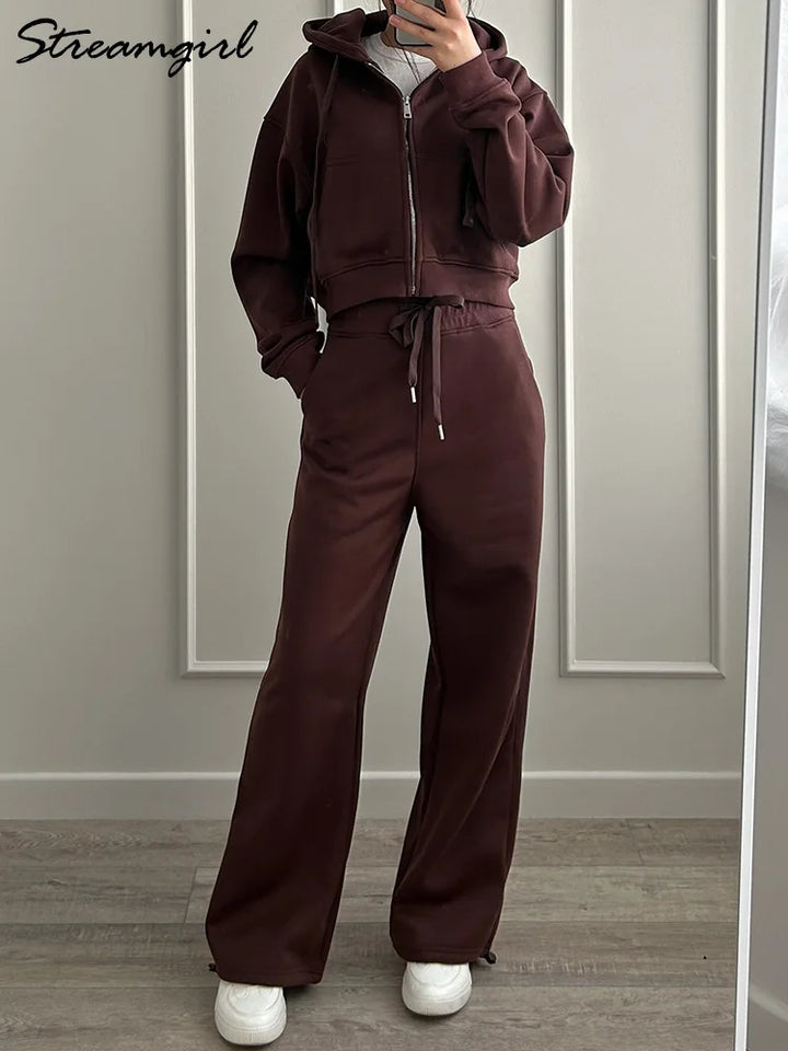 Tute da donna, tuta invernale in pile marrone, calda felpa con cappuccio e cerniera, set di pantaloni da tuta da donna, set di pantaloni in velluto da 2 pezzi