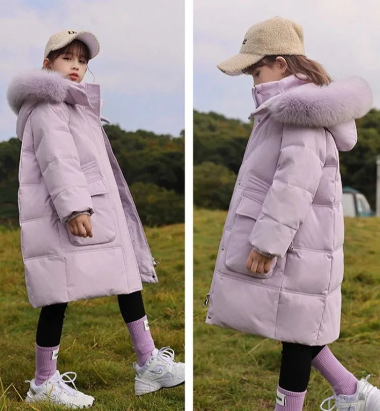 New 2025 Winter Girls' Thermal Insulated Down Jacket - Trendy Stylish Mid-Length Winter Coat for Kids, Warmth & Fashion Combo