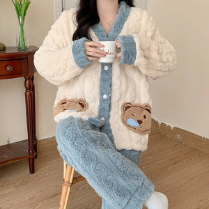 Camicia da notte premaman in flanella spessa, stile autunno inverno, cardigan per l'allattamento, manica lunga, pantaloni lunghi, calda camicia da notte per l'allattamento