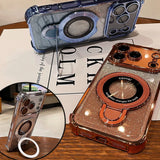 Supporto ad anello glitterato per custodia Magsafe per iPhone 14 15 16 17 Pro Max Plus 13 12 11 Air, pellicola protettiva per fotocamera sfumata