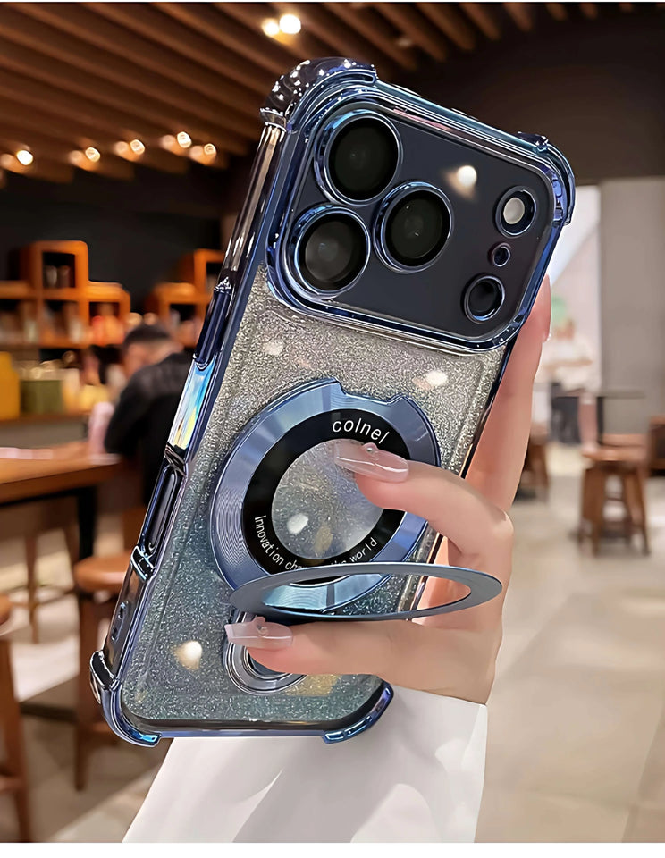 Supporto ad anello glitterato per custodia Magsafe per iPhone 14 15 16 17 Pro Max Plus 13 12 11 Air, pellicola protettiva per fotocamera sfumata