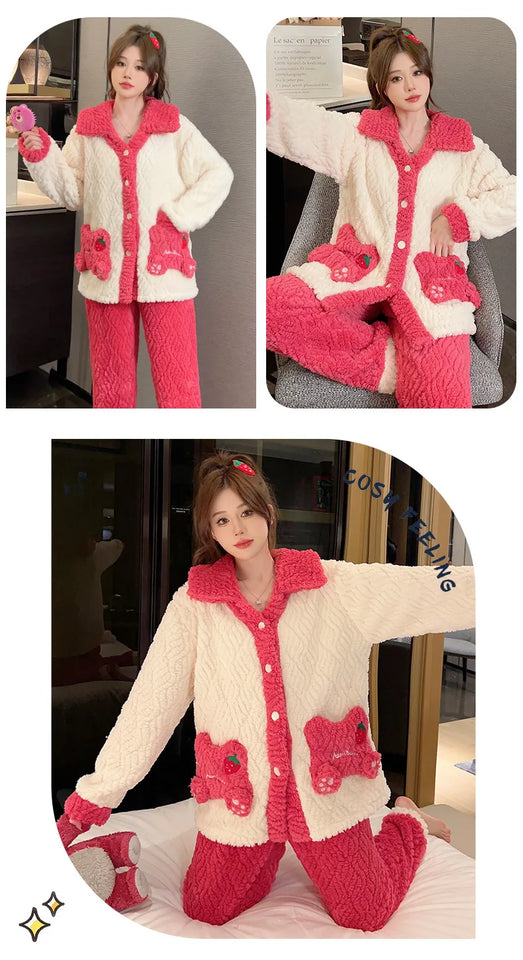 Pigiama lungo da donna in pile di corallo spesso Ins, grazioso pigiama da esterno a forma di fragola, comodo pigiama per l'autunno...