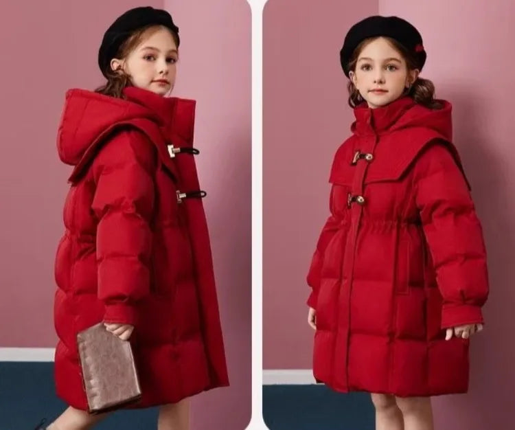 Girls' 2025 New Winter Coat Down-Filled Hooded Mid-Length Cotton Jacket Stylish Casual Kids' Thermal Wear Outerwear Trendy