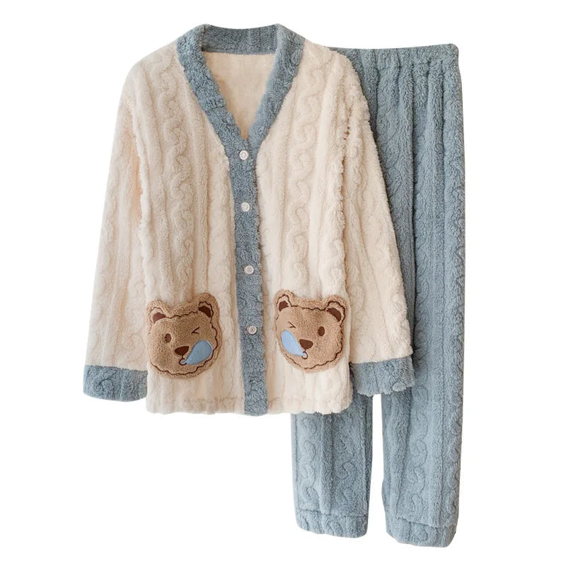 Camicia da notte premaman in flanella spessa, stile autunno inverno, cardigan per l'allattamento, manica lunga, pantaloni lunghi, calda camicia da notte per l'allattamento