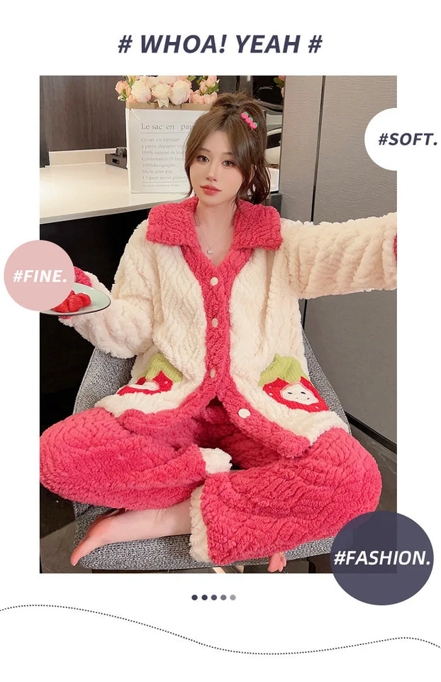 Pigiama lungo da donna in pile di corallo spesso Ins, grazioso pigiama da esterno a forma di fragola, comodo pigiama per l'autunno...