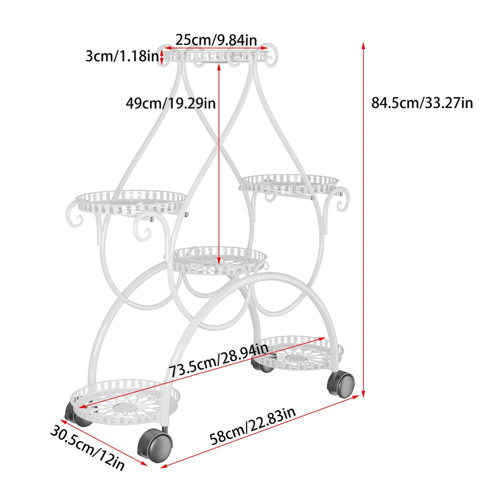 6 Portavasi in metallo per piante in vaso, carrello da giardino con ruote per soggiorno, balcone, giardino, portavasi per piante, espositore