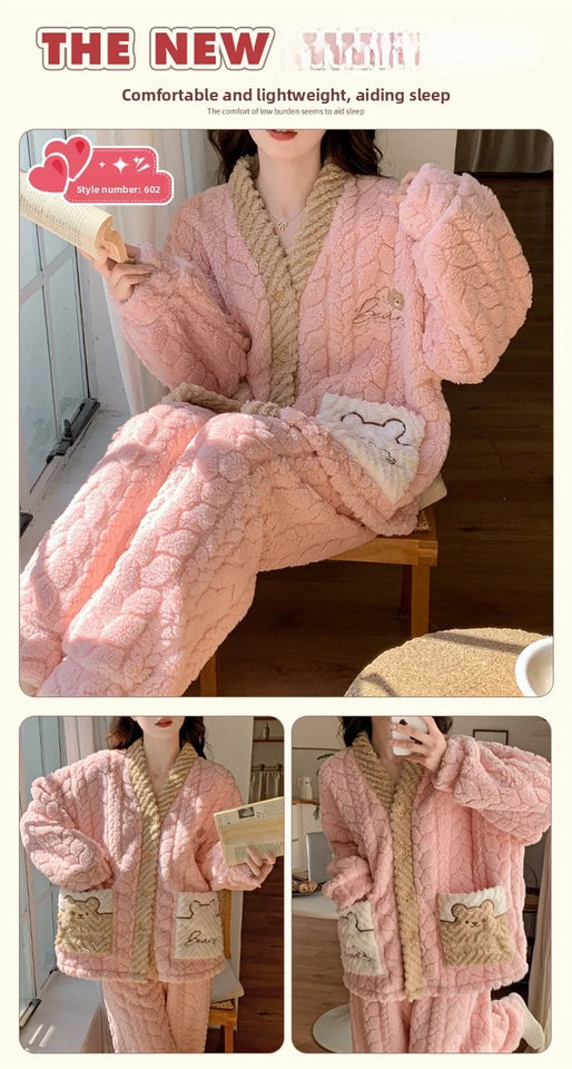 Pigiama in pile spesso da donna, set di vestiti invernali per la casa, design simpatico cartone animato, comodo e caldo, scollo a V, manica lunga