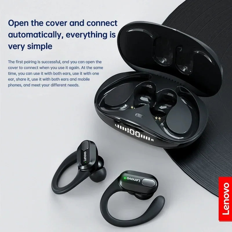 Cuffie wireless Lenovo XT80, auricolari Bluetooth 5.3, con microfono, controllo tramite pulsante, riduzione del rumore, ganci auricolari, cuffie impermeabili