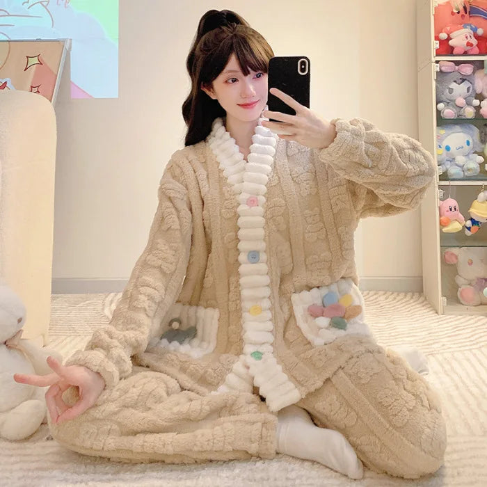 Cardigan lungo invernale da donna con motivo floreale ritagliato, comodo pigiama da casa, taglie forti, scollo a V, manica lunga