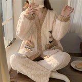 Pigiama in pile di corallo spesso, abbigliamento da casa per ragazze, stile dolce e carino, indossabile all'aperto, caldo, set da notte per l'autunno e l'inverno