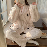 Pigiama in pile spesso da donna, set di vestiti invernali per la casa, design simpatico cartone animato, comodo e caldo, scollo a V, manica lunga