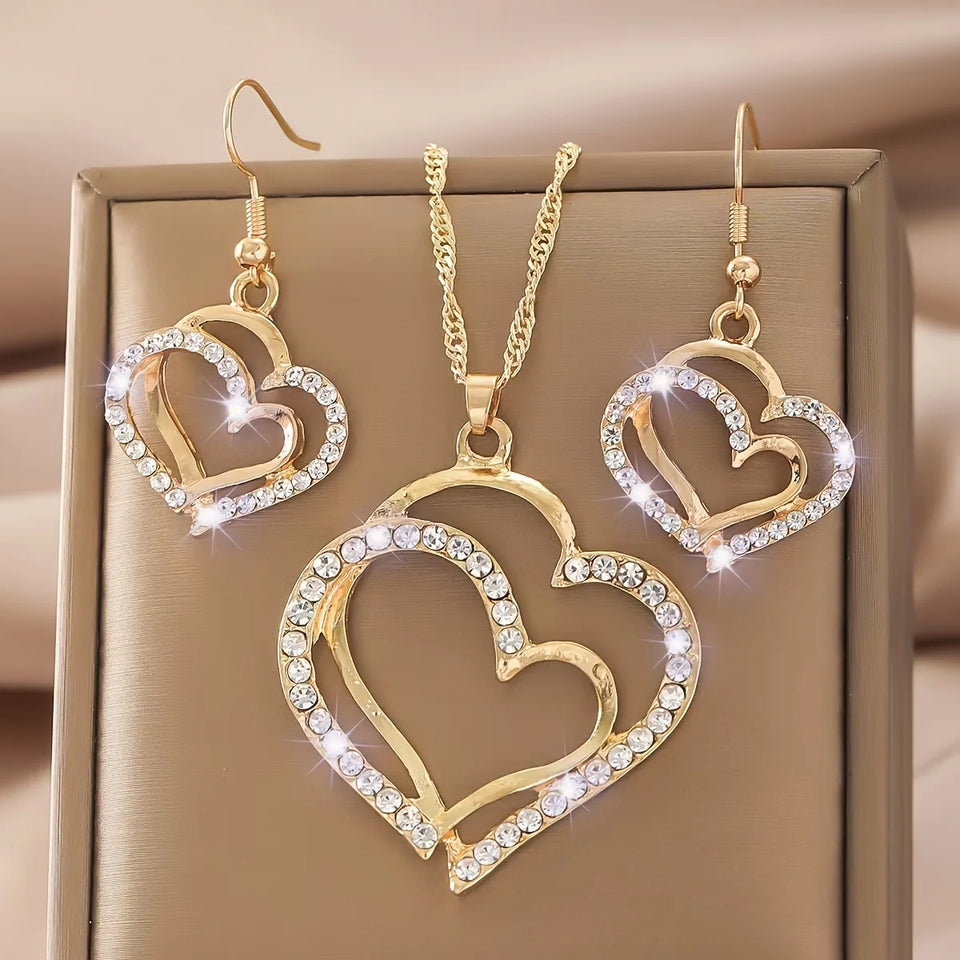 Collana con ciondolo a forma di cuore cavo a doppio strato con strass scintillanti, set di gioielli versatili per donna