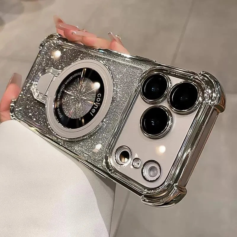 Supporto ad anello glitterato per custodia Magsafe per iPhone 14 15 16 17 Pro Max Plus 13 12 11 Air, pellicola protettiva per fotocamera sfumata