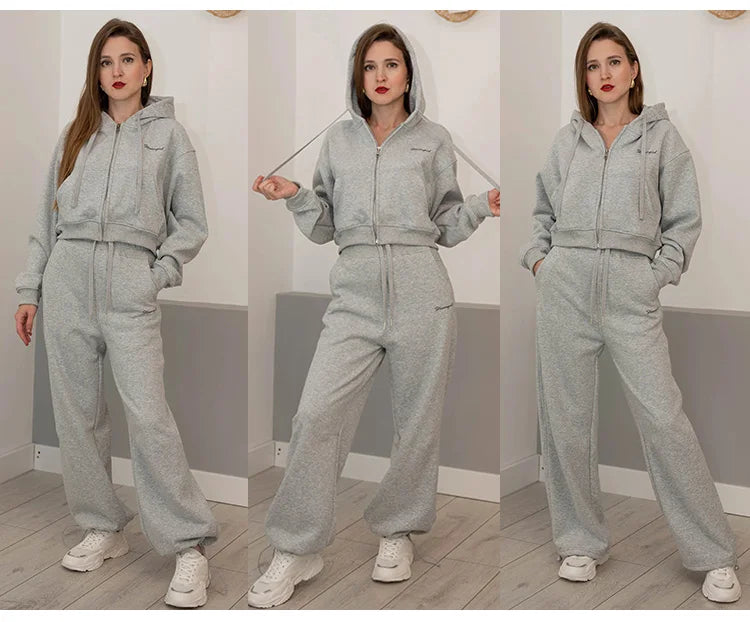 Tute da donna, tuta invernale in pile marrone, calda felpa con cappuccio e cerniera, set di pantaloni da tuta da donna, set di pantaloni in velluto da 2 pezzi