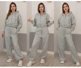 Tute da donna, tuta invernale in pile marrone, calda felpa con cappuccio e cerniera, set di pantaloni da tuta da donna, set di pantaloni in velluto da 2 pezzi