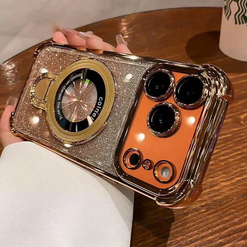 Supporto ad anello glitterato per custodia Magsafe per iPhone 14 15 16 17 Pro Max Plus 13 12 11 Air, pellicola protettiva per fotocamera sfumata