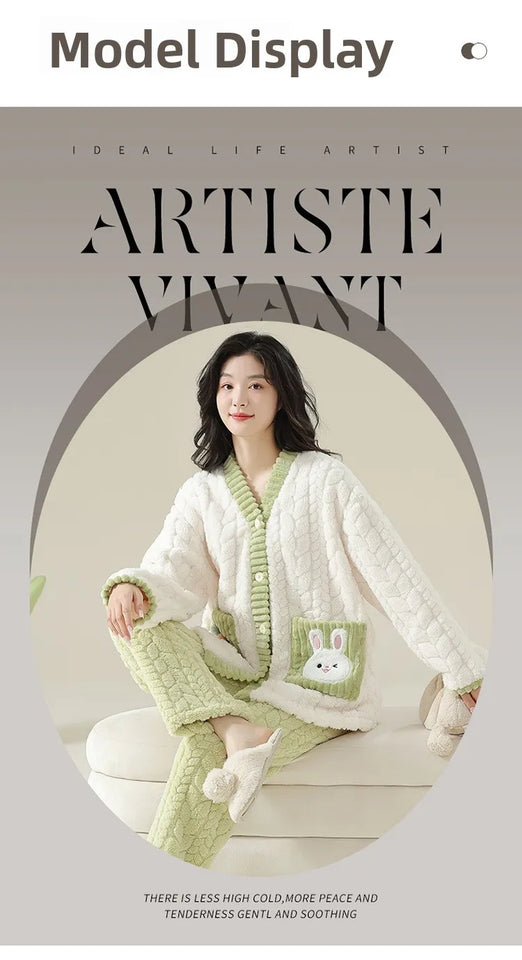 Pigiama in pile di corallo spesso, set di vestiti invernali da donna con motivo a coniglio, pantaloni in flanella calda a maniche lunghe e scollo a V