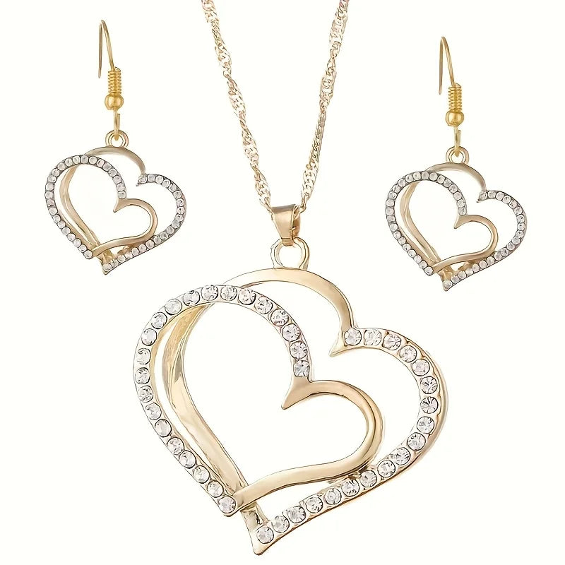 Collana con ciondolo a forma di cuore cavo a doppio strato con strass scintillanti, set di gioielli versatili per donna