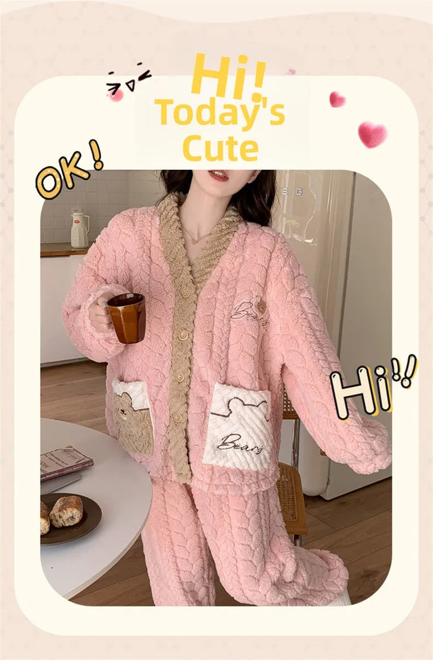 Pigiama in pile spesso da donna, set di vestiti invernali per la casa, design simpatico cartone animato, comodo e caldo, scollo a V, manica lunga