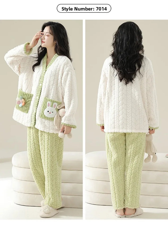 Pigiama in pile di corallo spesso, set di vestiti invernali da donna con motivo a coniglio, pantaloni in flanella calda a maniche lunghe e scollo a V