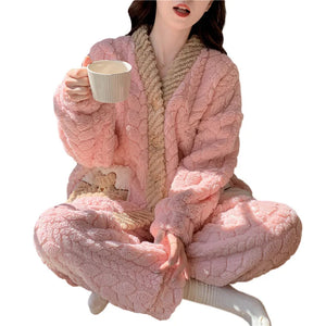 Pigiama in pile spesso da donna, set di vestiti invernali per la casa, design simpatico cartone animato, comodo e caldo, scollo a V, manica lunga
