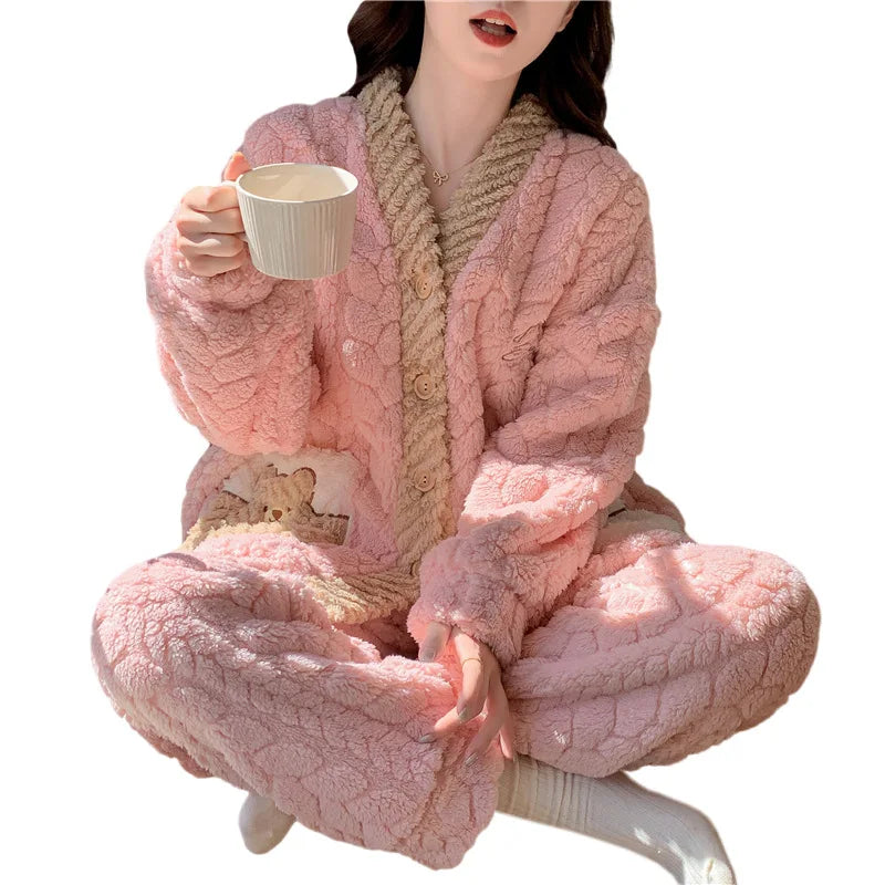 Pigiama in pile spesso da donna, set di vestiti invernali per la casa, design simpatico cartone animato, comodo e caldo, scollo a V, manica lunga