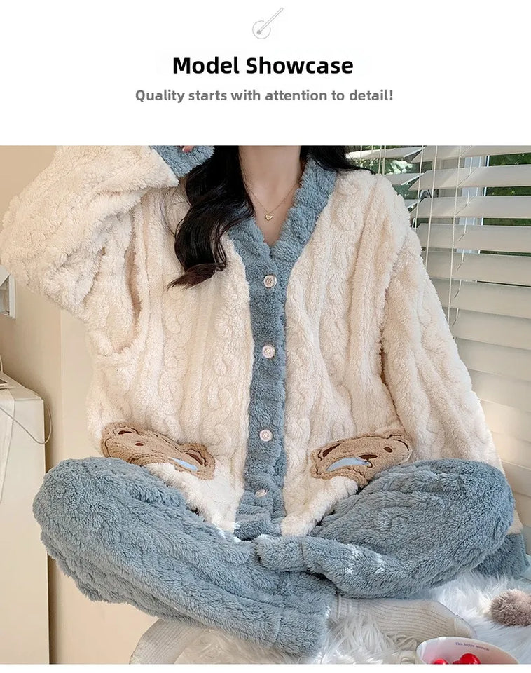 Camicia da notte premaman in flanella spessa, stile autunno inverno, cardigan per l'allattamento, manica lunga, pantaloni lunghi, calda camicia da notte per l'allattamento